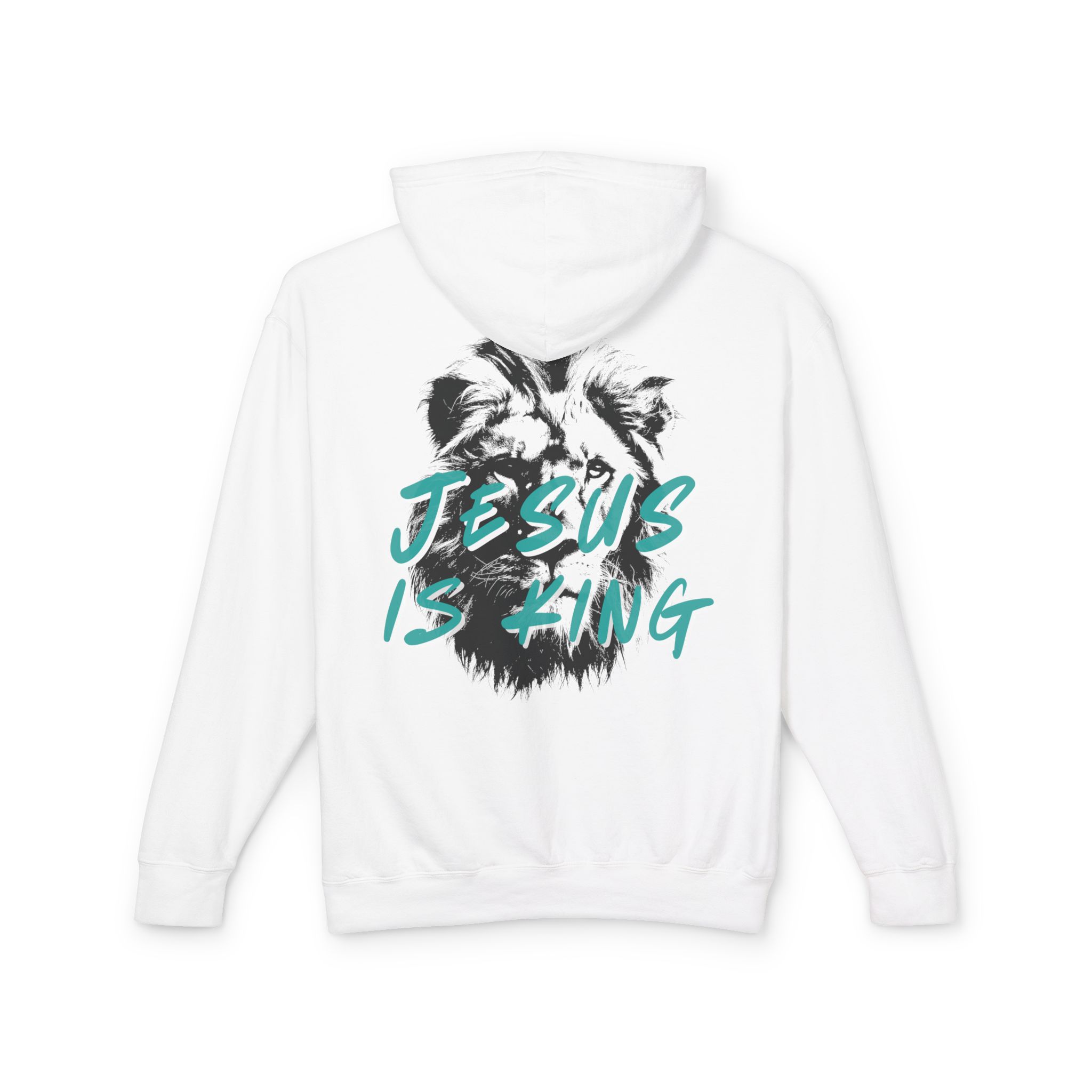 Jesus is King: Teal Unisex Lightweight Hooded Sweatshirt - Image 6