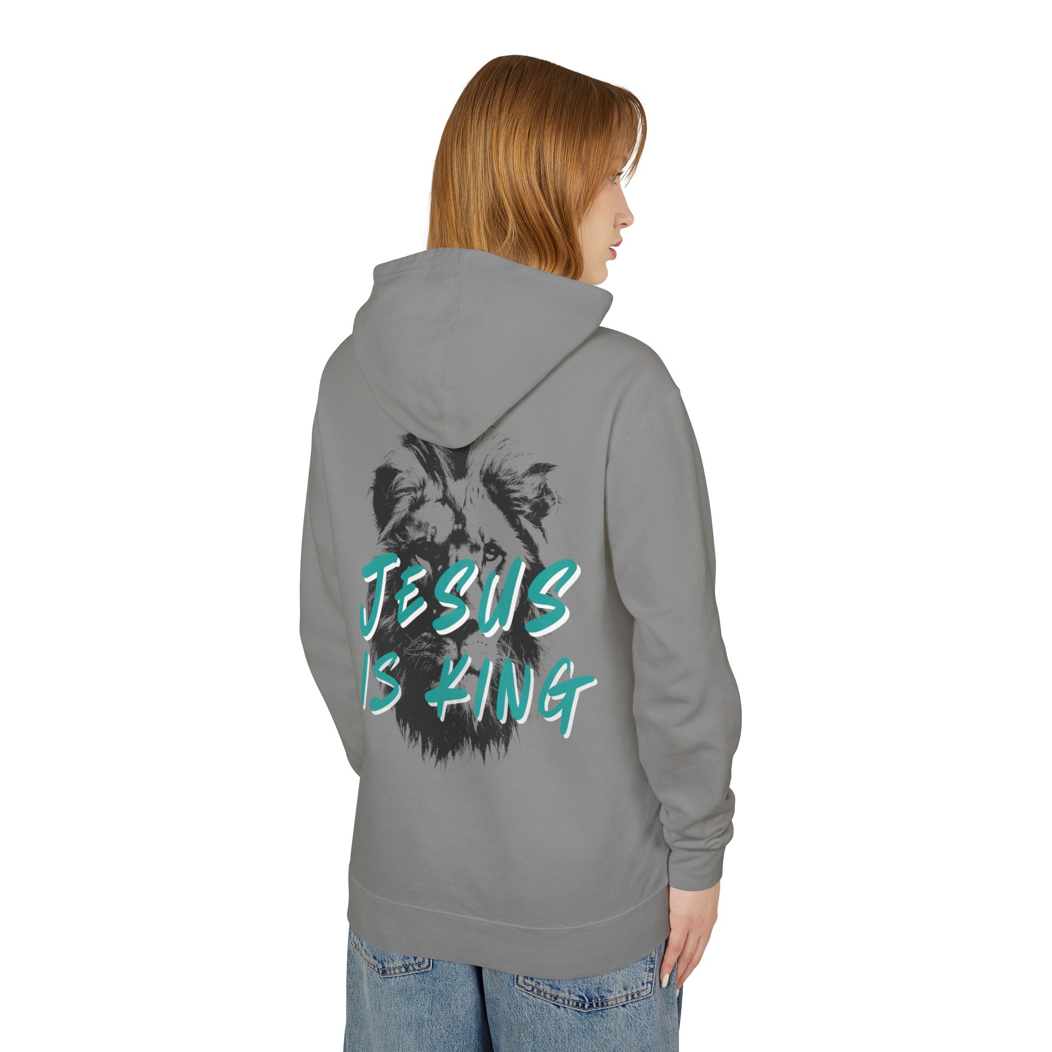 Jesus is King: Teal Unisex Lightweight Hooded Sweatshirt - Image 4