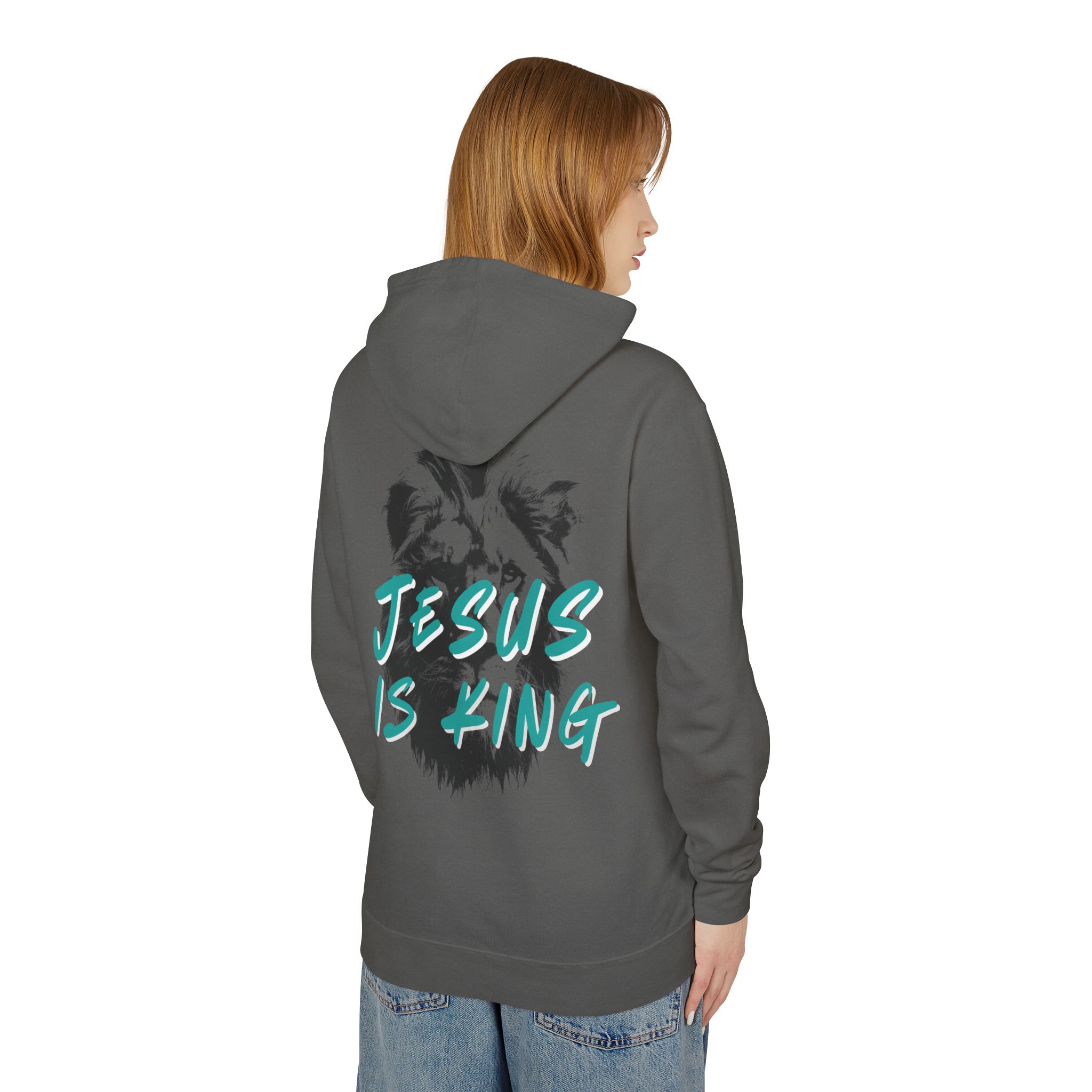 Jesus is King: Teal Unisex Lightweight Hooded Sweatshirt - Image 12