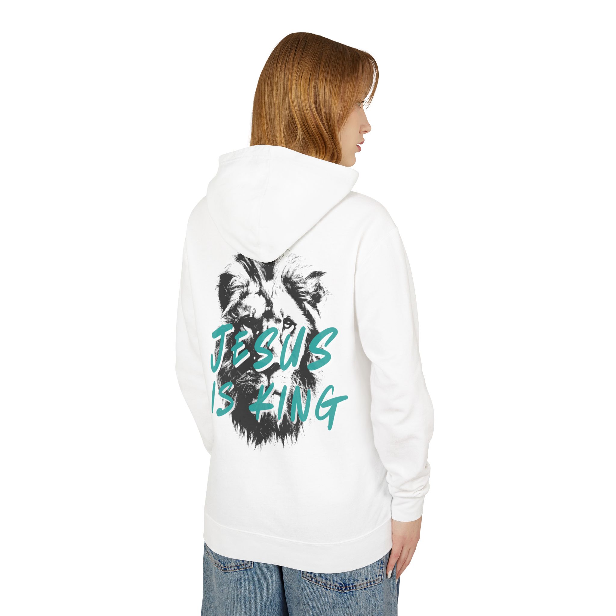 Jesus is King: Teal Unisex Lightweight Hooded Sweatshirt - Image 8
